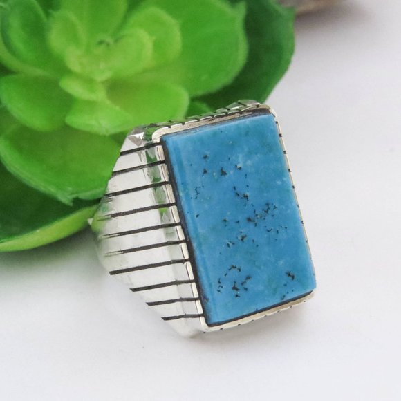 Navajo Kingman Turquoise Sterling Silver Large Rectangular Men's Ring Size 11 3/ - Picture 2 of 8